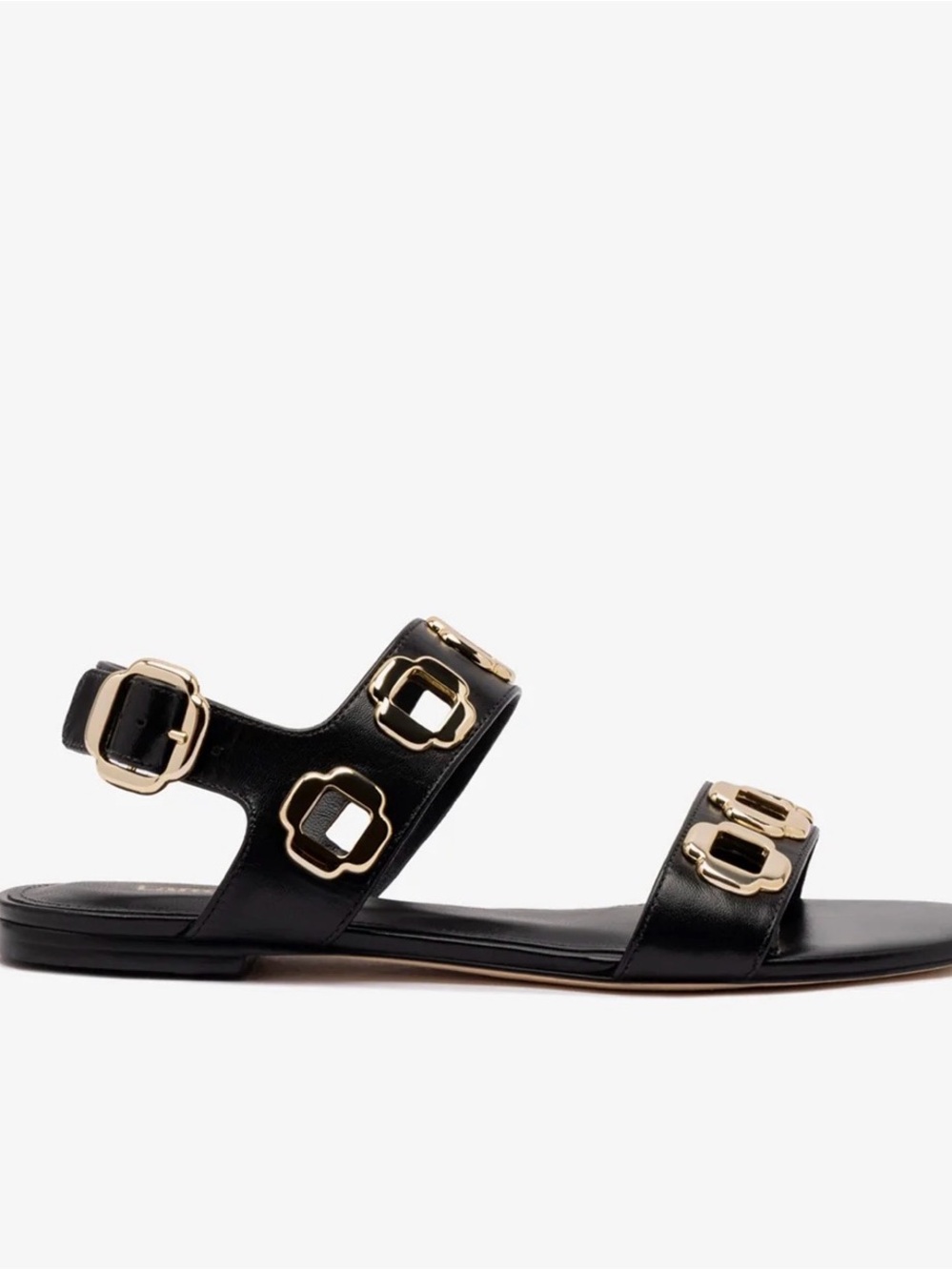 Larroude Milan Black Sandals with Gold Hardware